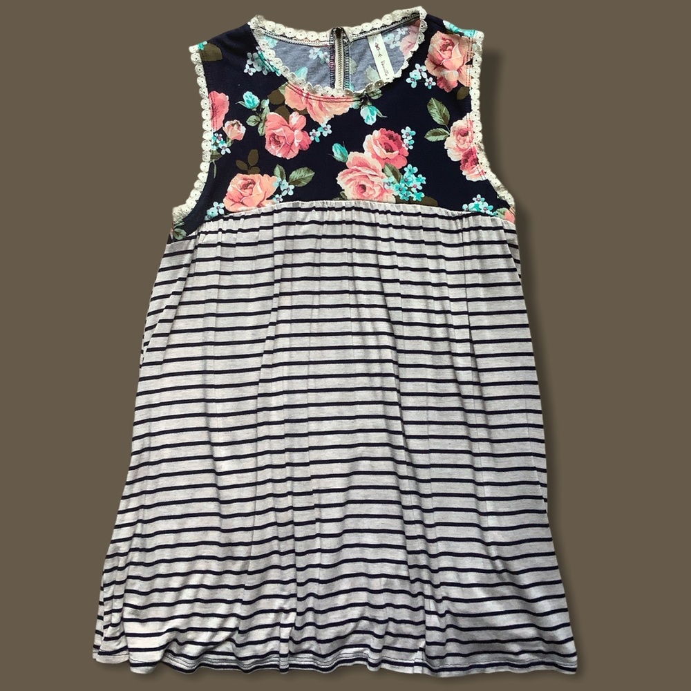 Vanilla Bay Striped & Floral Tunic w/ Lace Detail